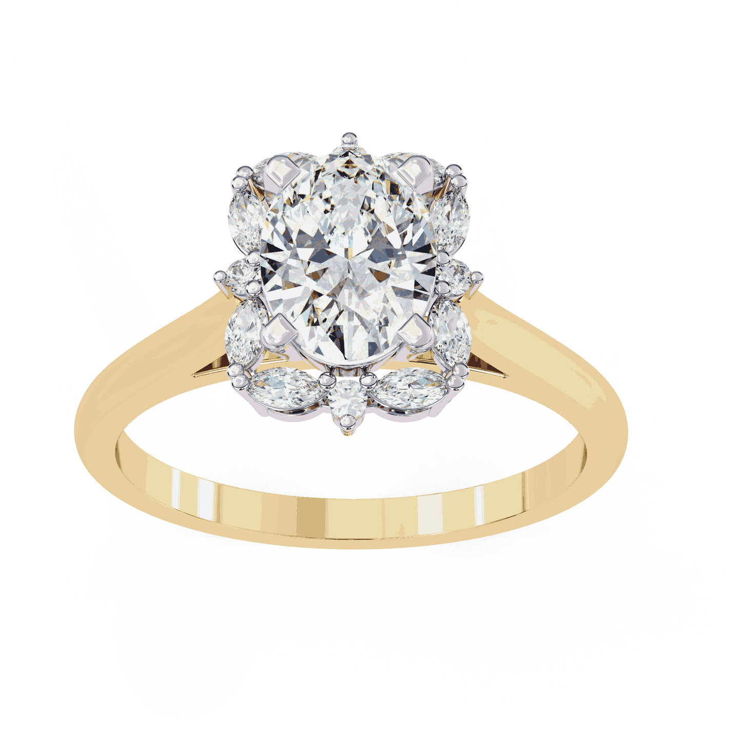 Oval Cut Lab Grown Diamond Halo Engagement Ring with Marquise and Round Floral Cluster