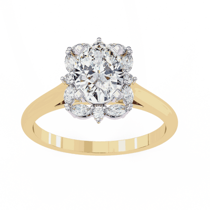 Oval Cut Lab Grown Diamond Halo Engagement Ring with Marquise and Round Floral Cluster