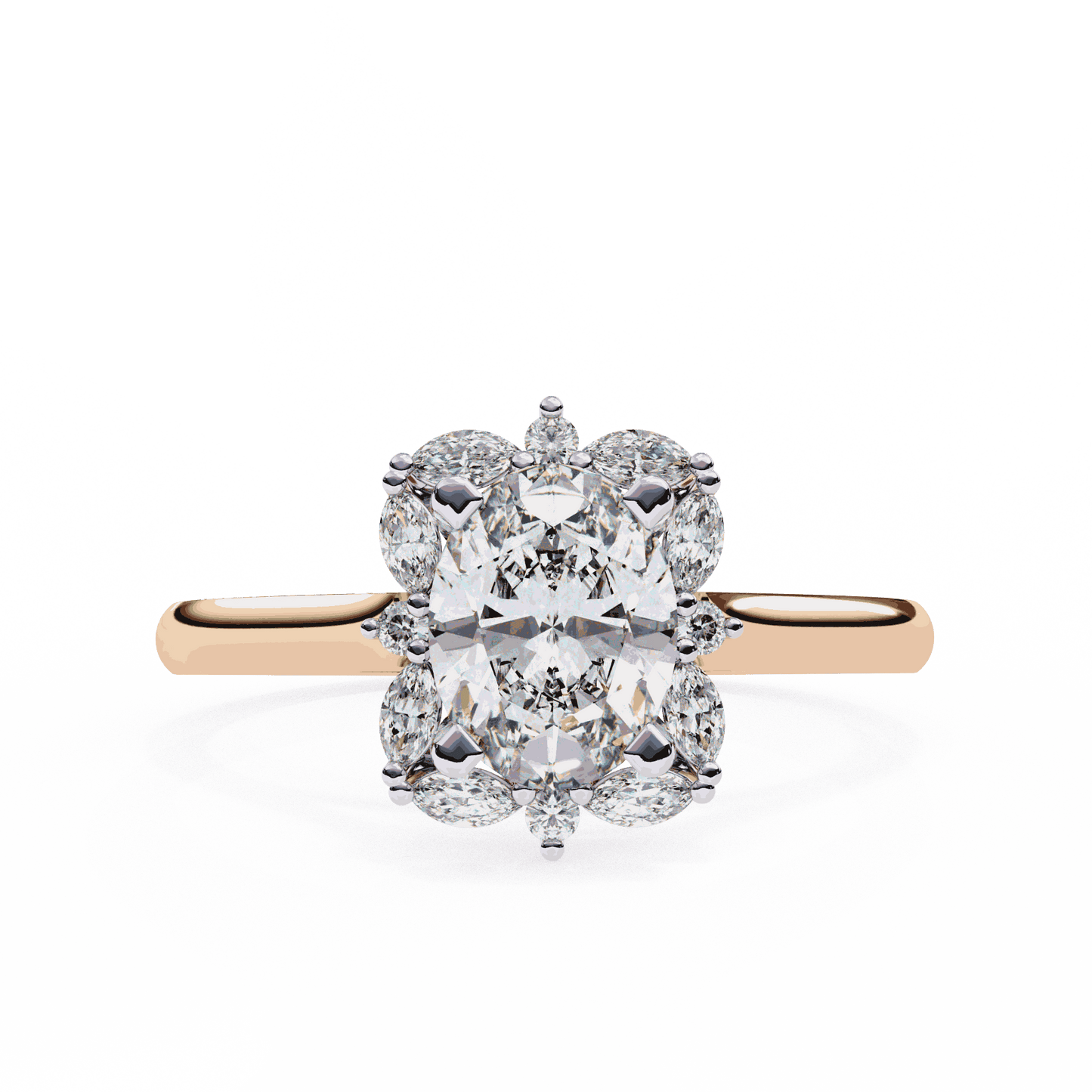 Oval Cut Lab Grown Diamond Halo Engagement Ring with Marquise and Round Floral Cluster