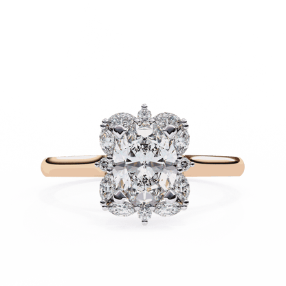 Oval Cut Lab Grown Diamond Halo Engagement Ring with Marquise and Round Floral Cluster