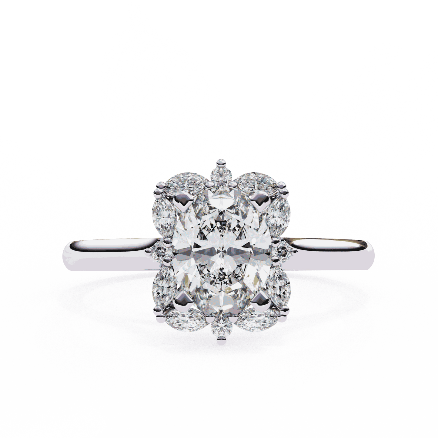 Oval Cut Lab Grown Diamond Halo Engagement Ring with Marquise and Round Floral Cluster