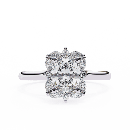 Oval Cut Lab Grown Diamond Halo Engagement Ring with Marquise and Round Floral Cluster
