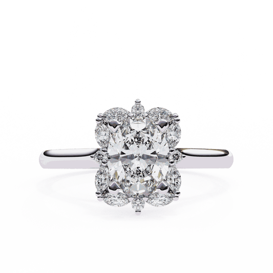Oval Cut Lab Grown Diamond Halo Engagement Ring with Marquise and Round Floral Cluster