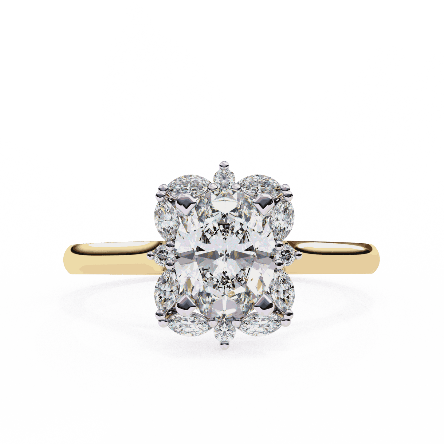 Oval Cut Lab Grown Diamond Halo Engagement Ring with Marquise and Round Floral Cluster