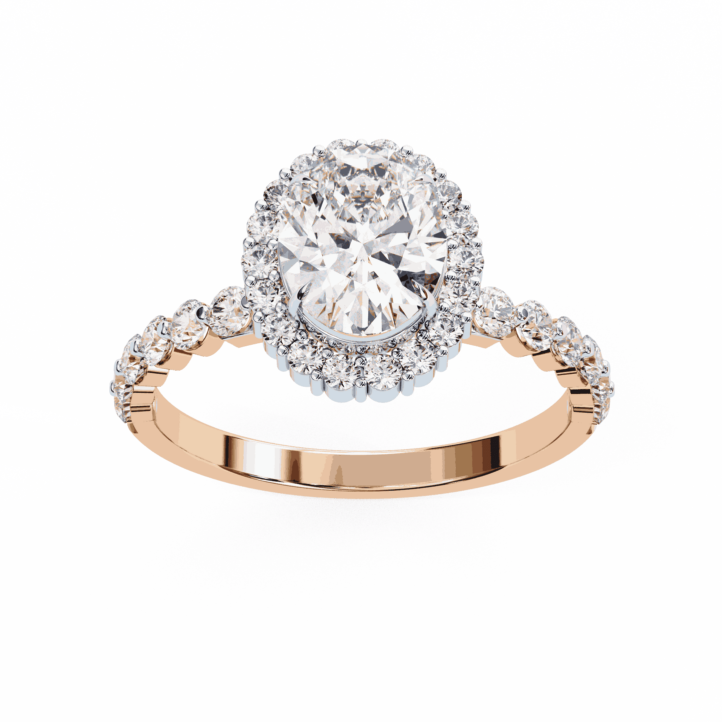 Oval Cut Lab Grown Diamond Halo Engagement Ring with Shared Prong Accented Band