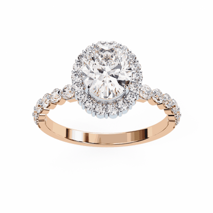 Oval Cut Lab Grown Diamond Halo Engagement Ring with Shared Prong Accented Band