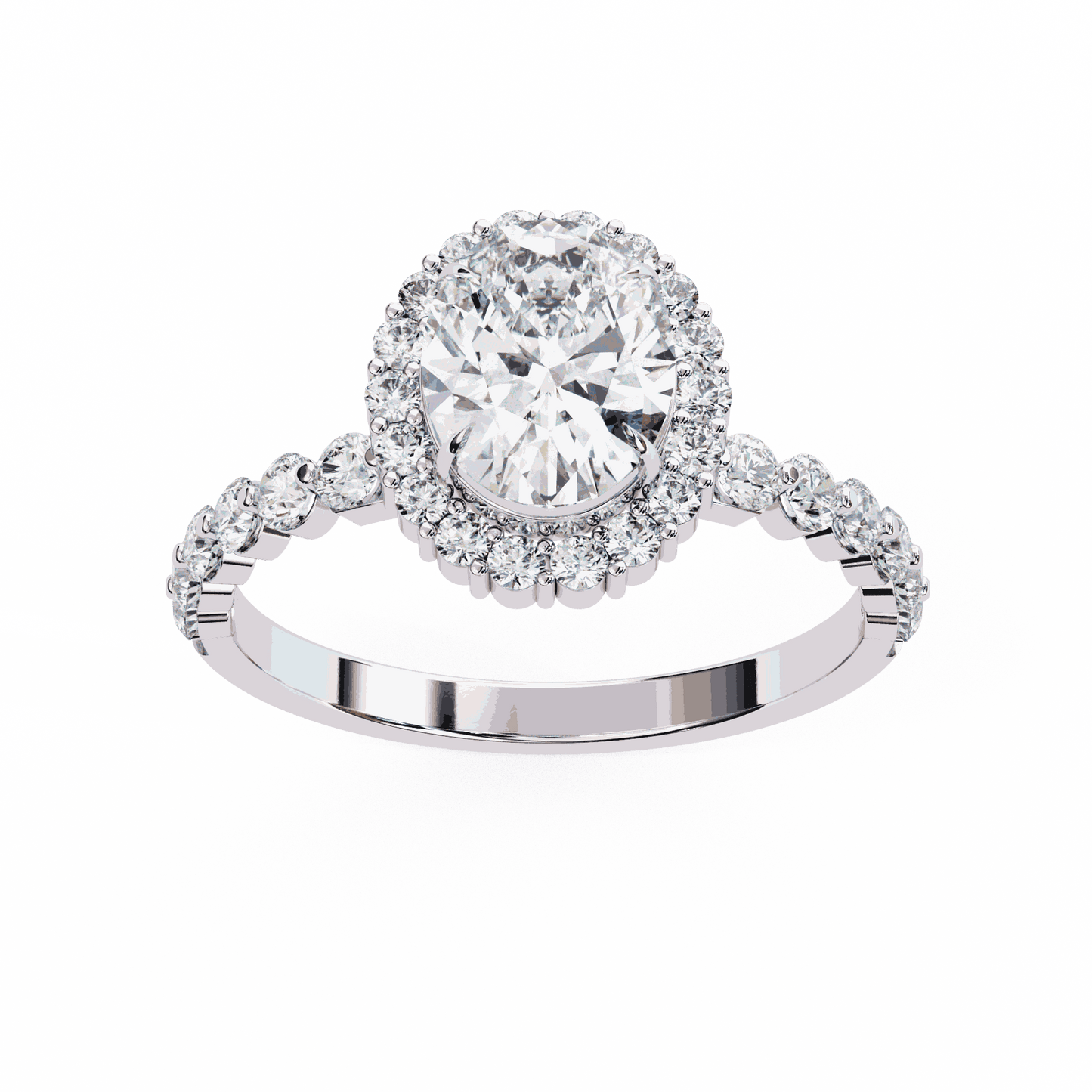 Oval Cut Lab Grown Diamond Halo Engagement Ring with Shared Prong Accented Band