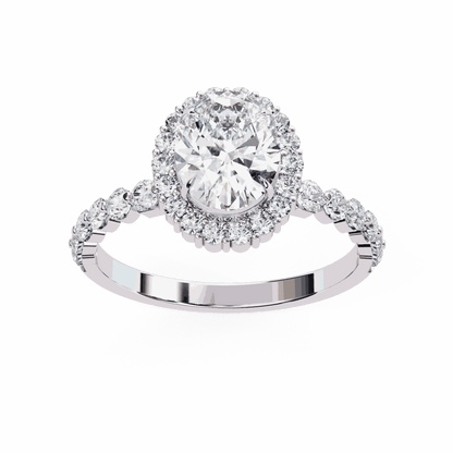 Oval Cut Lab Grown Diamond Halo Engagement Ring with Shared Prong Accented Band