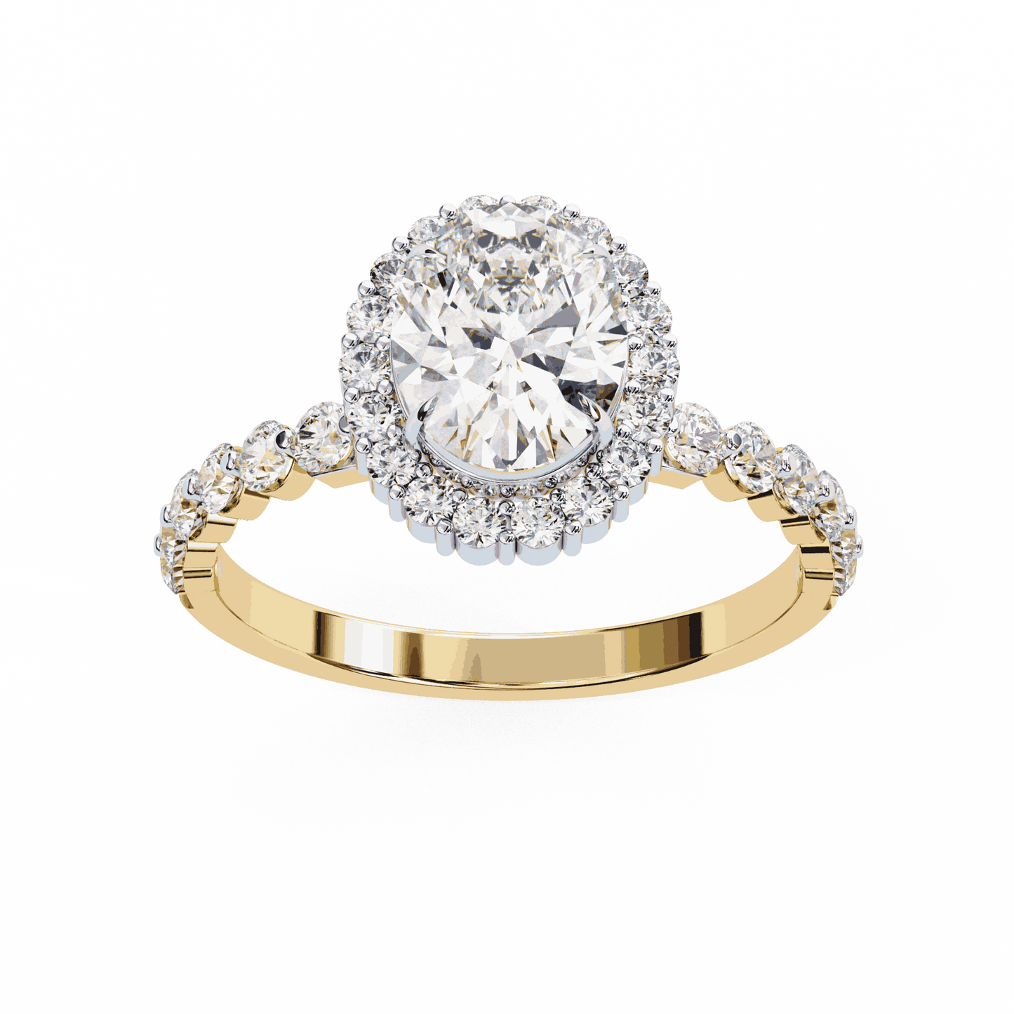 Oval Cut Lab Grown Diamond Halo Engagement Ring with Shared Prong Accented Band