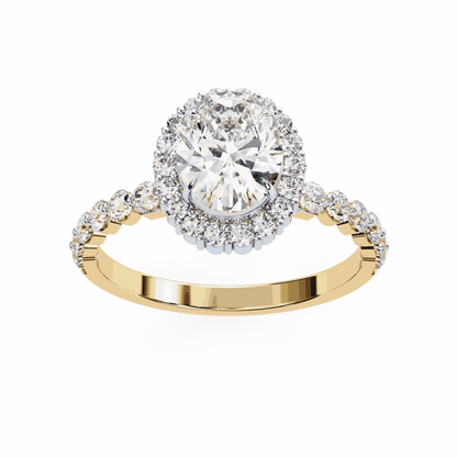 Oval Cut Lab Grown Diamond Halo Engagement Ring with Shared Prong Accented Band
