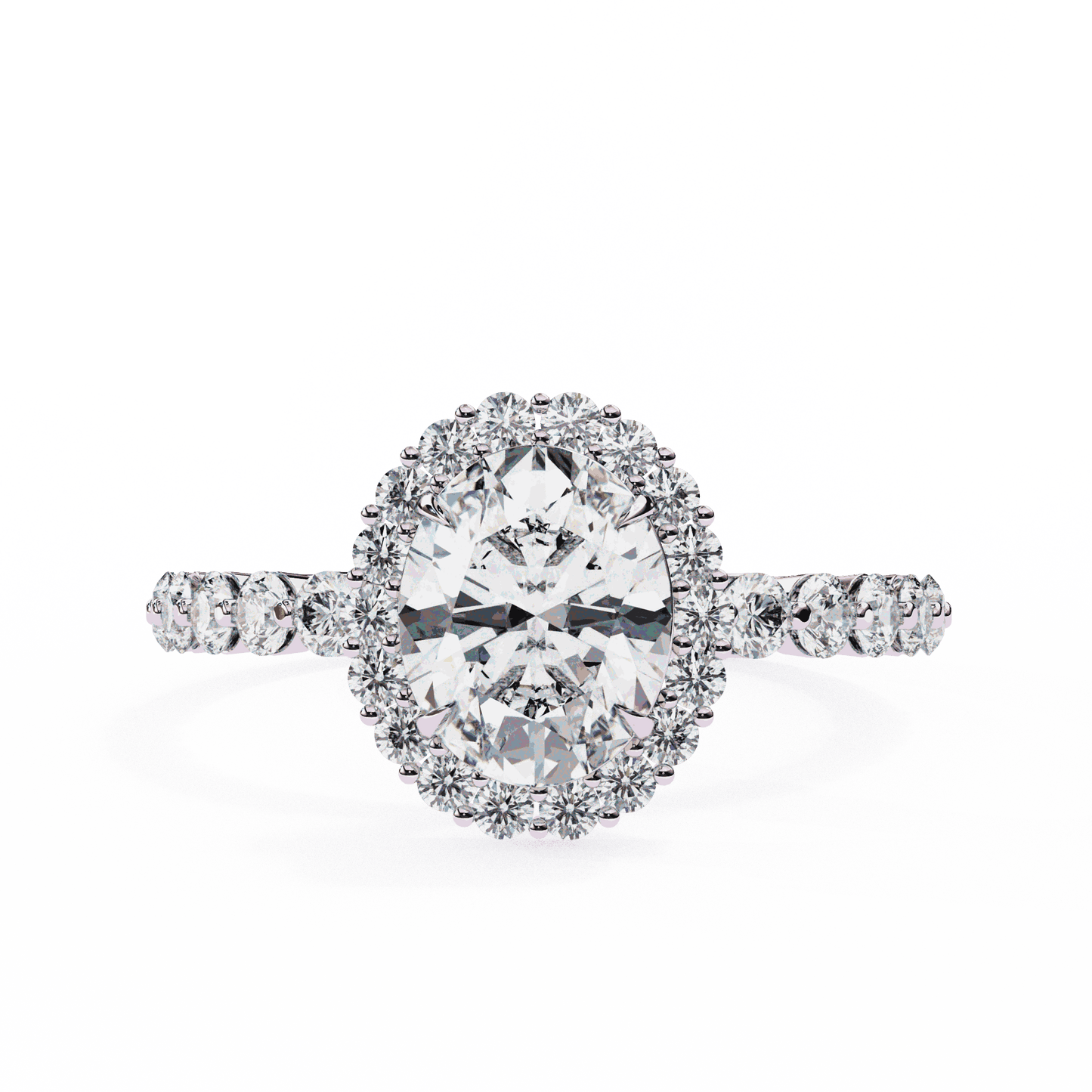 Oval Cut Lab Grown Diamond Halo Engagement Ring with Shared Prong Accented Band