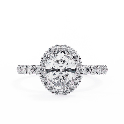 Oval Cut Lab Grown Diamond Halo Engagement Ring with Shared Prong Accented Band