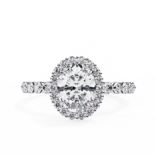 Oval Cut Lab Grown Diamond Halo Engagement Ring with Shared Prong Accented Band