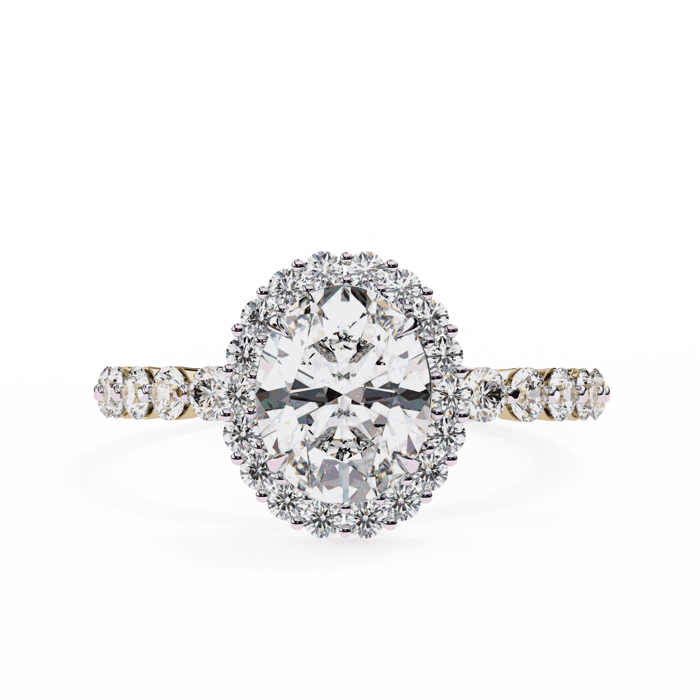 Oval Cut Lab Grown Diamond Halo Engagement Ring with Shared Prong Accented Band