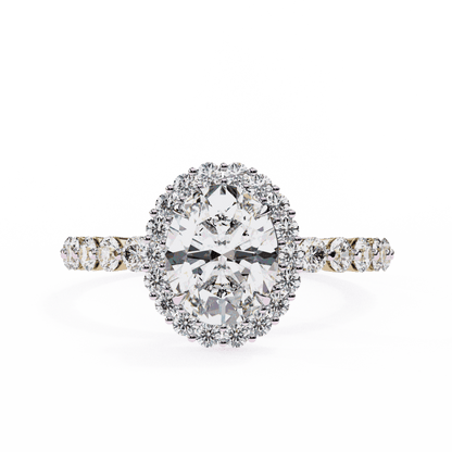 Oval Cut Lab Grown Diamond Halo Engagement Ring with Shared Prong Accented Band