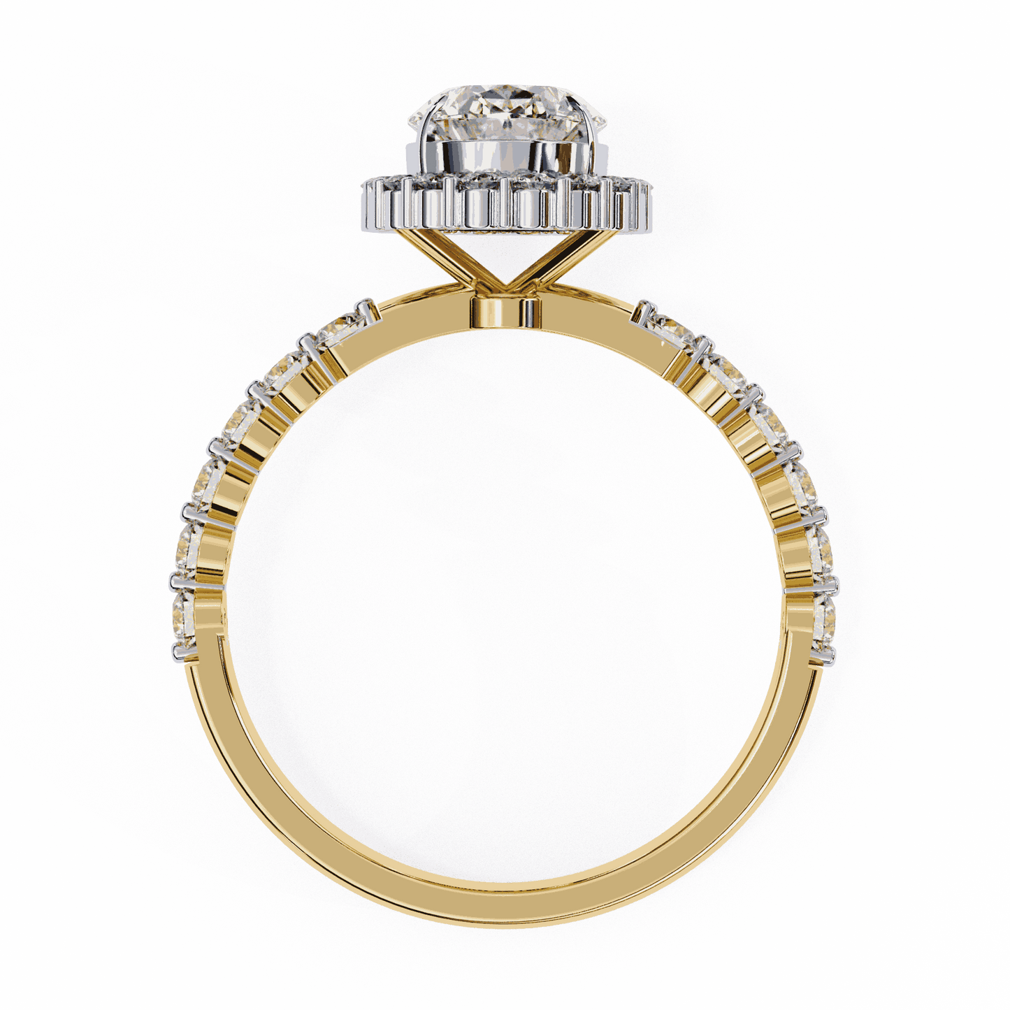 Oval Cut Lab Grown Diamond Halo Engagement Ring with Shared Prong Accented Band