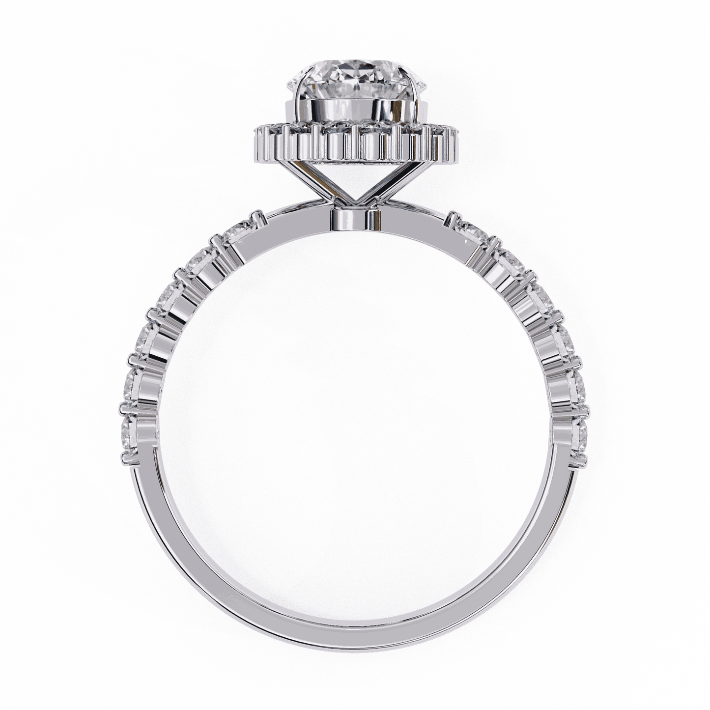 Oval Cut Lab Grown Diamond Halo Engagement Ring with Shared Prong Accented Band