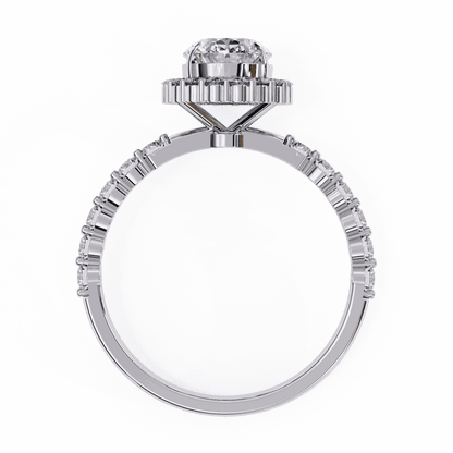 Oval Cut Lab Grown Diamond Halo Engagement Ring with Shared Prong Accented Band