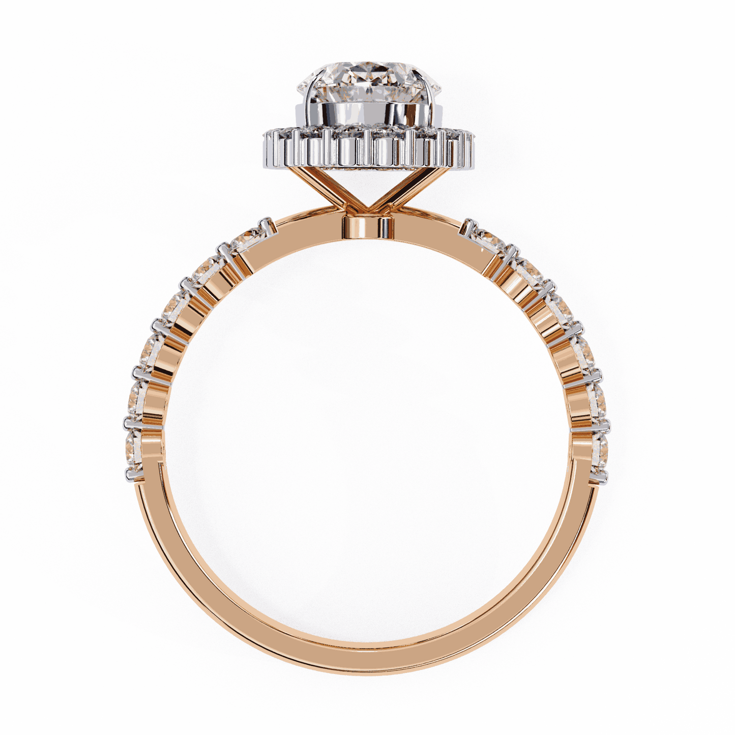 Oval Cut Lab Grown Diamond Halo Engagement Ring with Shared Prong Accented Band