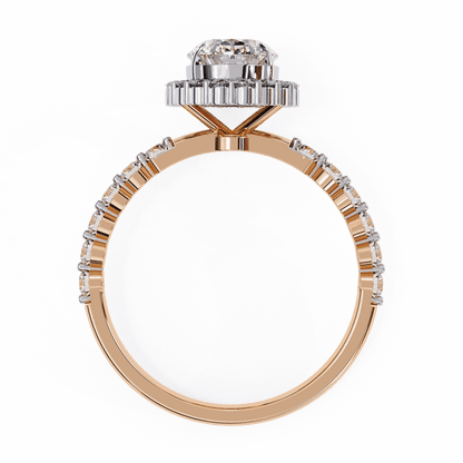 Oval Cut Lab Grown Diamond Halo Engagement Ring with Shared Prong Accented Band