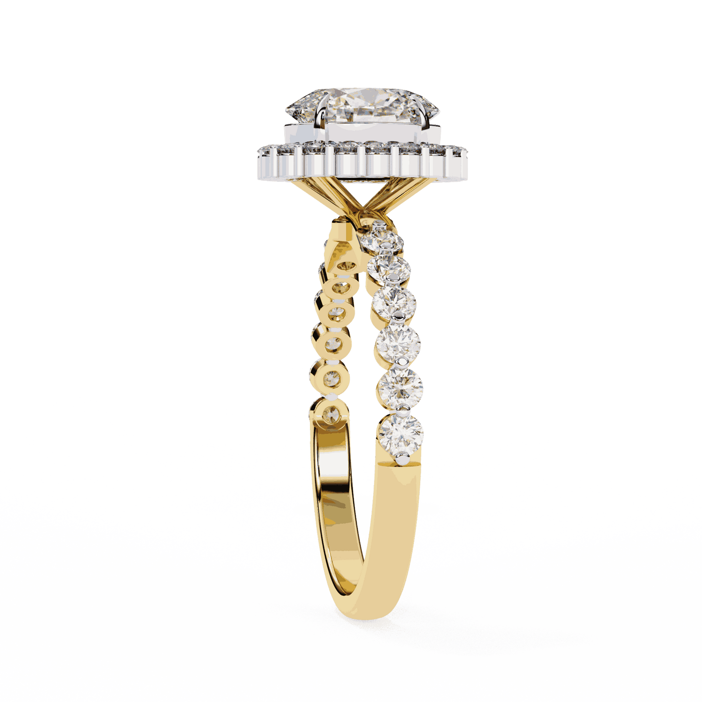 Oval Cut Lab Grown Diamond Halo Engagement Ring with Shared Prong Accented Band