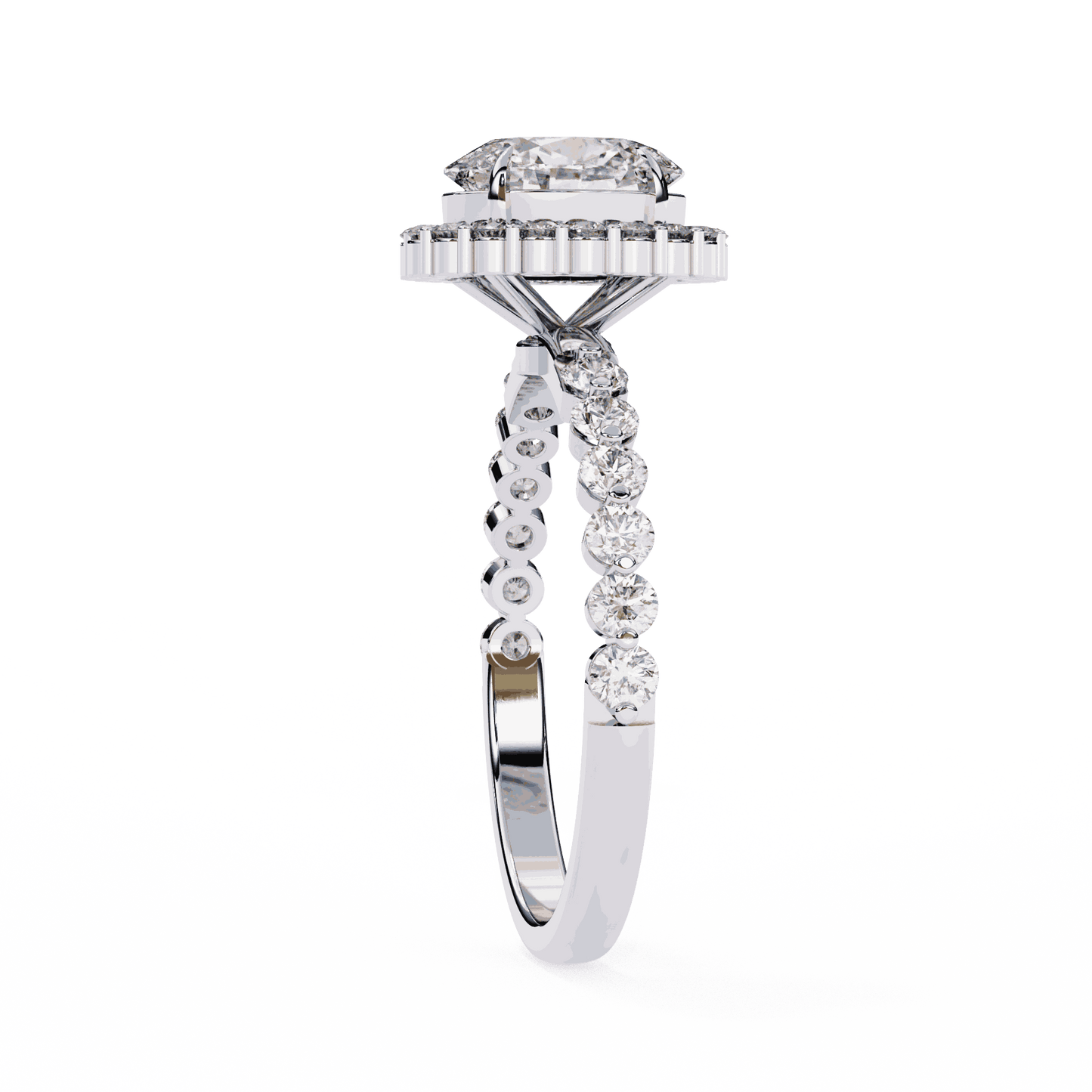 Oval Cut Lab Grown Diamond Halo Engagement Ring with Shared Prong Accented Band
