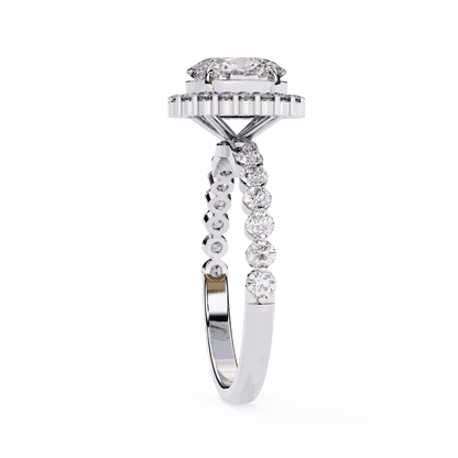 Oval Cut Lab Grown Diamond Halo Engagement Ring with Shared Prong Accented Band