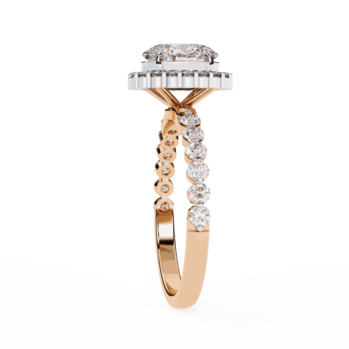 Oval Cut Lab Grown Diamond Halo Engagement Ring with Shared Prong Accented Band