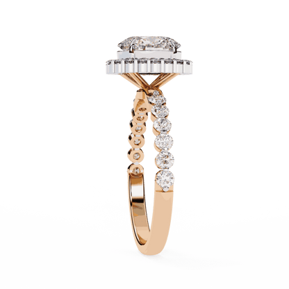 Oval Cut Lab Grown Diamond Halo Engagement Ring with Shared Prong Accented Band