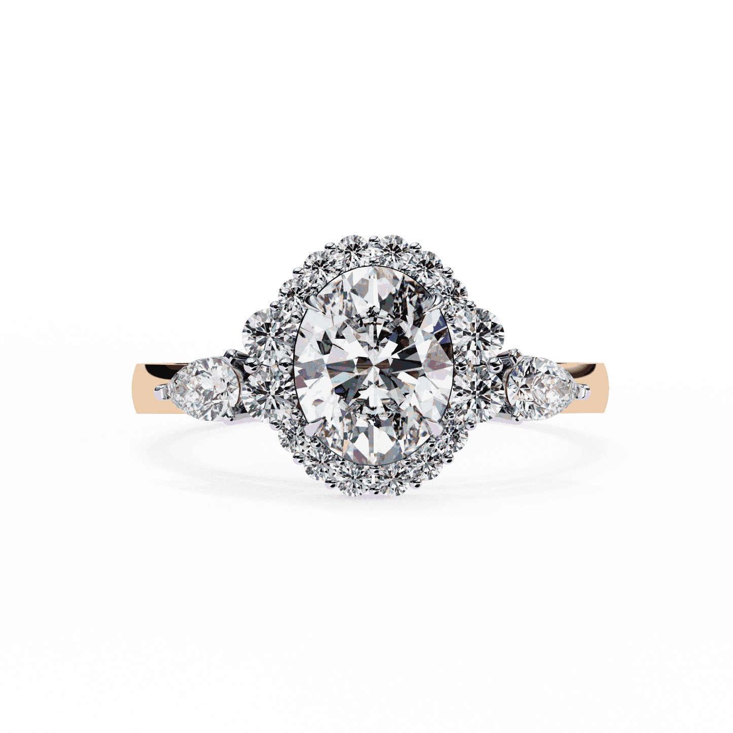 Oval Cut Lab Grown Diamond Halo Engagement Ring with Pear Side Stones and Cluster Shoulders