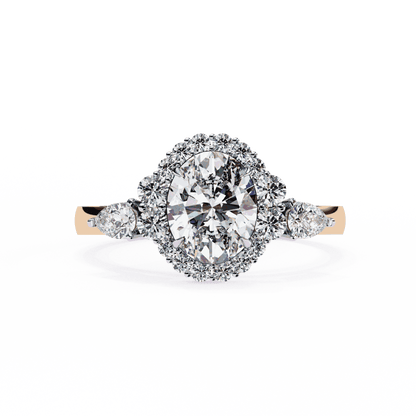 Oval Cut Lab Grown Diamond Halo Engagement Ring with Pear Side Stones and Cluster Shoulders