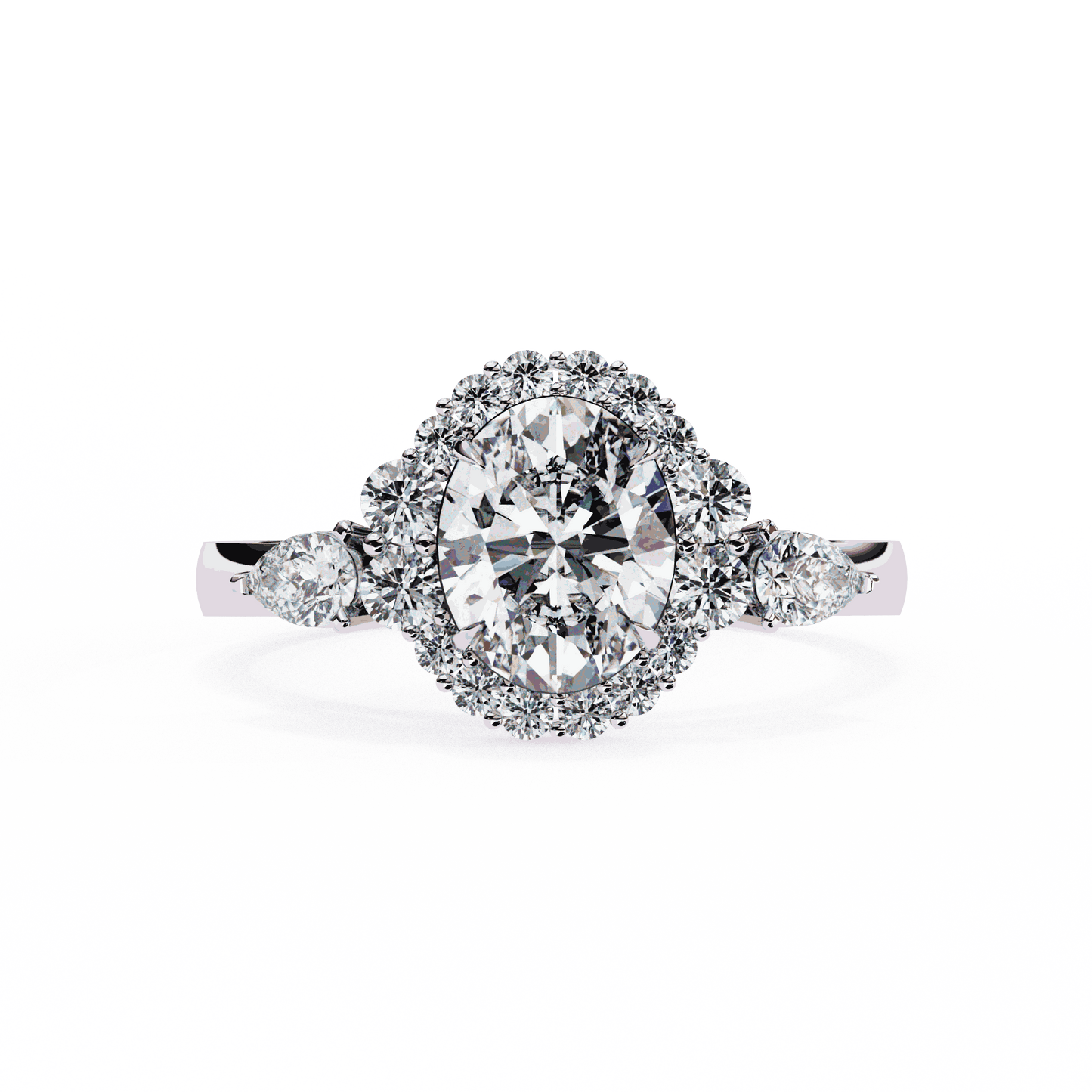 Oval Cut Lab Grown Diamond Halo Engagement Ring with Pear Side Stones and Cluster Shoulders