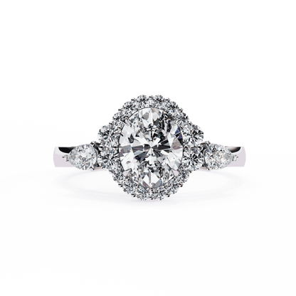 Oval Cut Lab Grown Diamond Halo Engagement Ring with Pear Side Stones and Cluster Shoulders