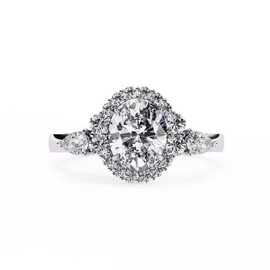 Oval Cut Lab Grown Diamond Halo Engagement Ring with Pear Side Stones and Cluster Shoulders