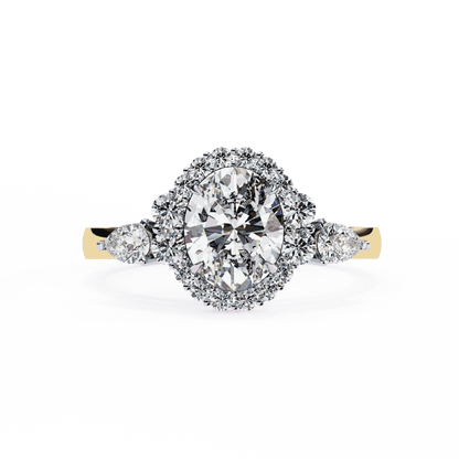Oval Cut Lab Grown Diamond Halo Engagement Ring with Pear Side Stones and Cluster Shoulders