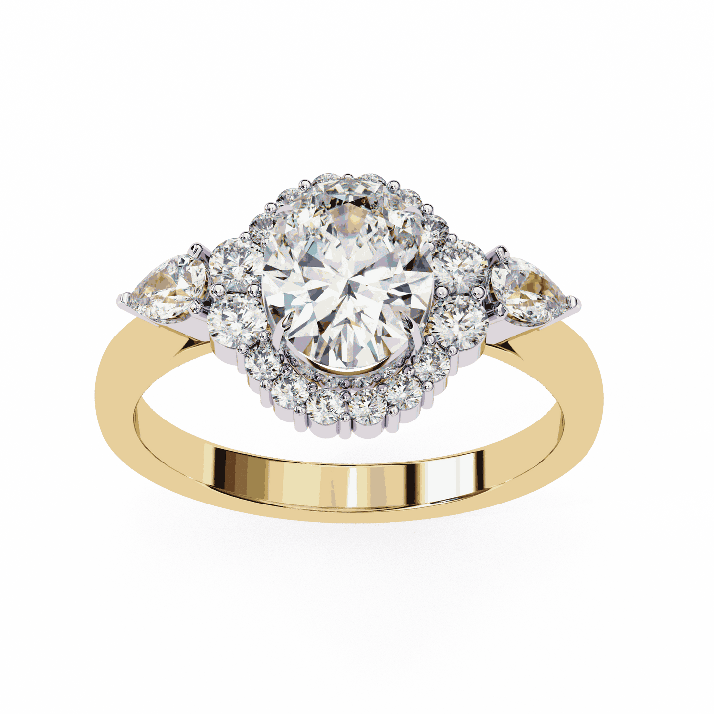 Oval Cut Lab Grown Diamond Halo Engagement Ring with Pear Side Stones and Cluster Shoulders