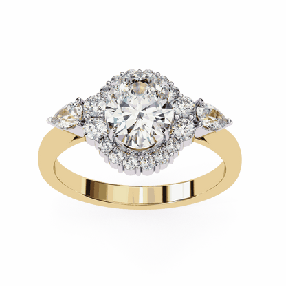 Oval Cut Lab Grown Diamond Halo Engagement Ring with Pear Side Stones and Cluster Shoulders