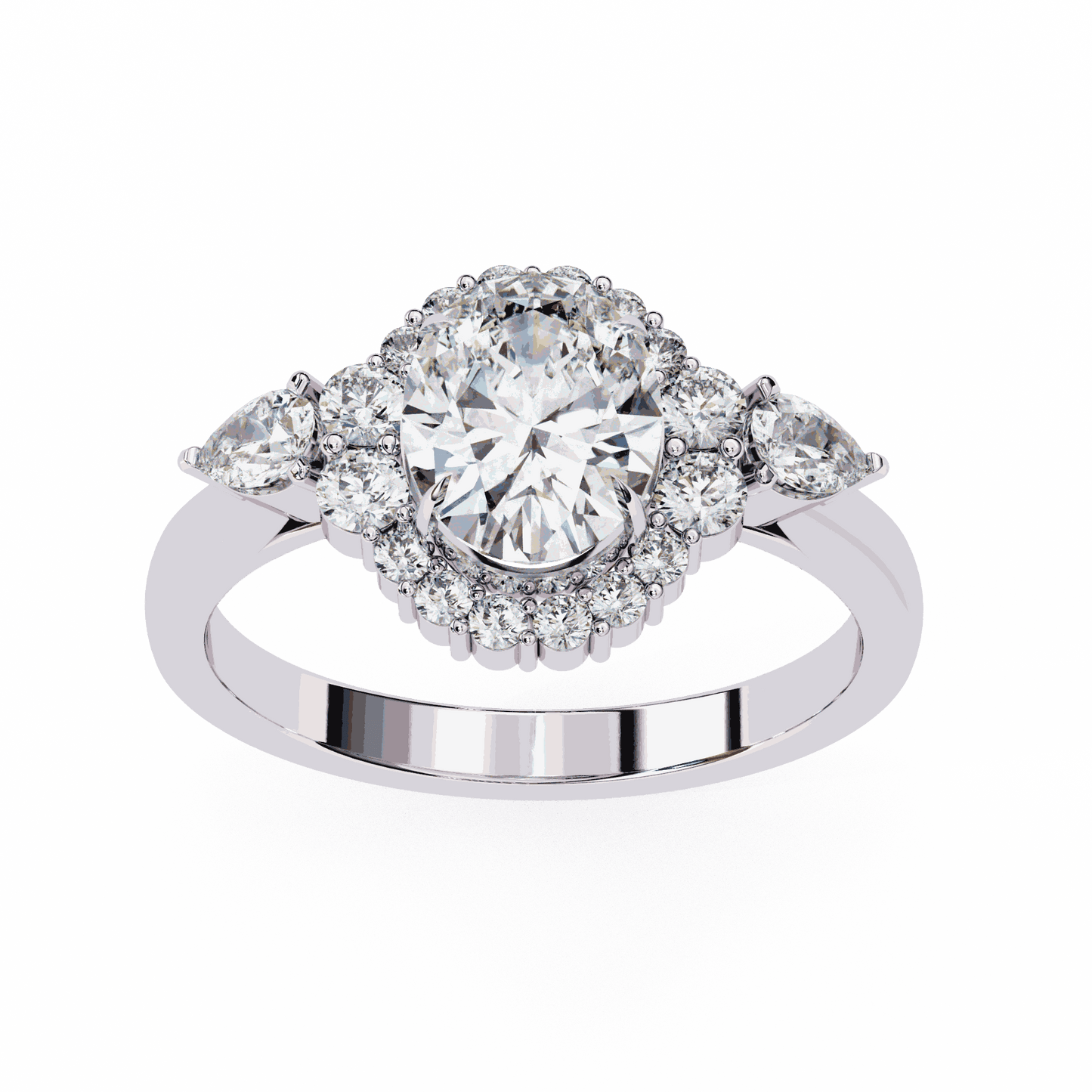 Oval Cut Lab Grown Diamond Halo Engagement Ring with Pear Side Stones and Cluster Shoulders