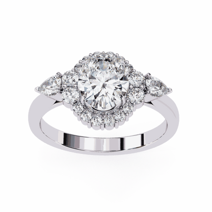 Oval Cut Lab Grown Diamond Halo Engagement Ring with Pear Side Stones and Cluster Shoulders
