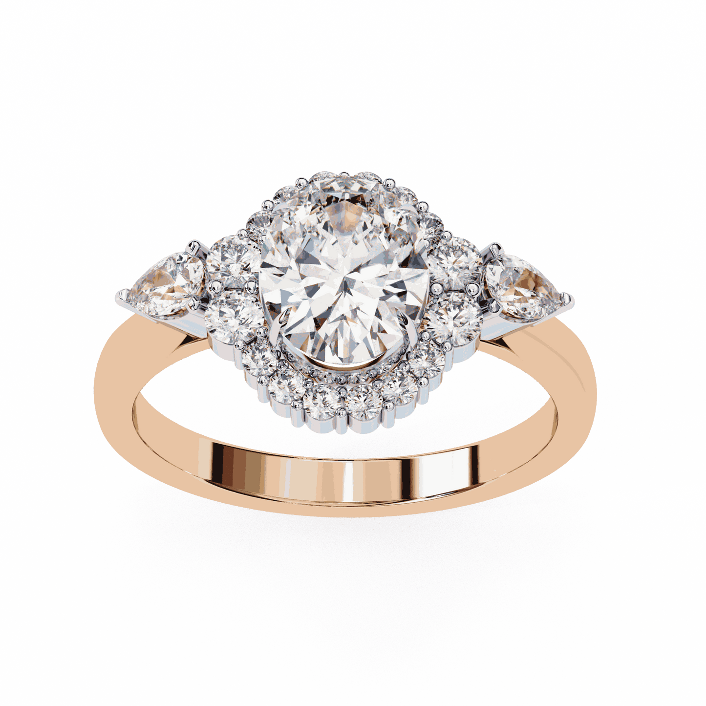 Oval Cut Lab Grown Diamond Halo Engagement Ring with Pear Side Stones and Cluster Shoulders