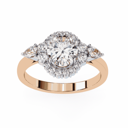 Oval Cut Lab Grown Diamond Halo Engagement Ring with Pear Side Stones and Cluster Shoulders
