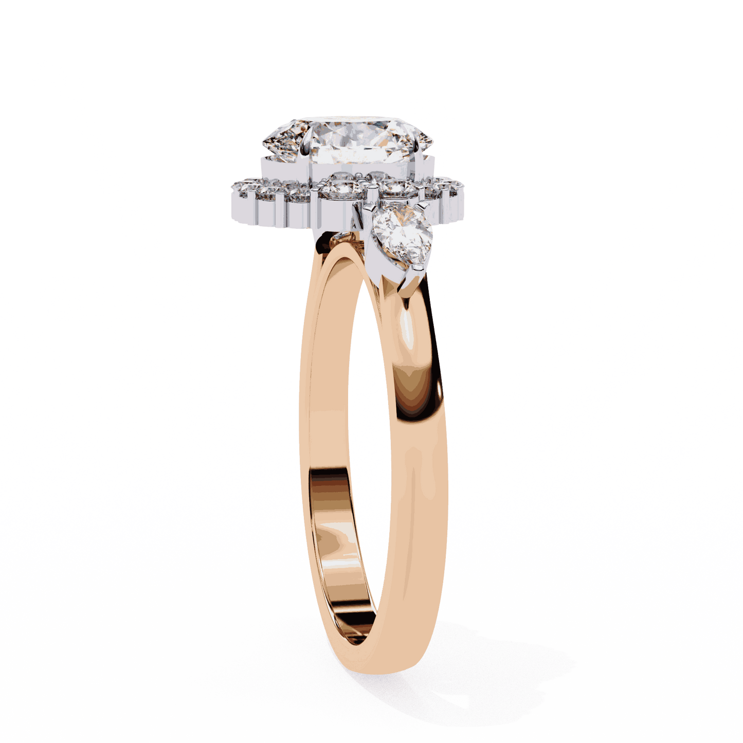 Oval Cut Lab Grown Diamond Halo Engagement Ring with Pear Side Stones and Cluster Shoulders