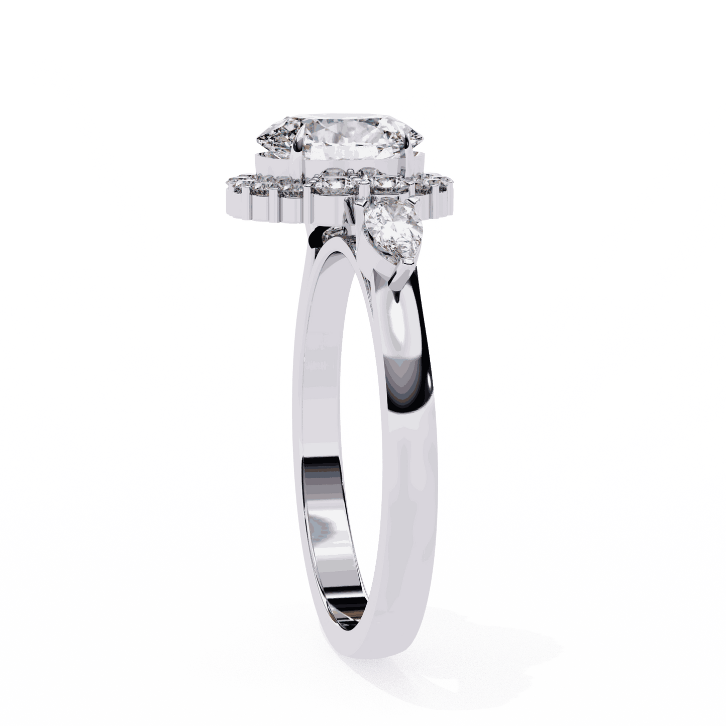 Oval Cut Lab Grown Diamond Halo Engagement Ring with Pear Side Stones and Cluster Shoulders