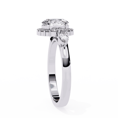 Oval Cut Lab Grown Diamond Halo Engagement Ring with Pear Side Stones and Cluster Shoulders