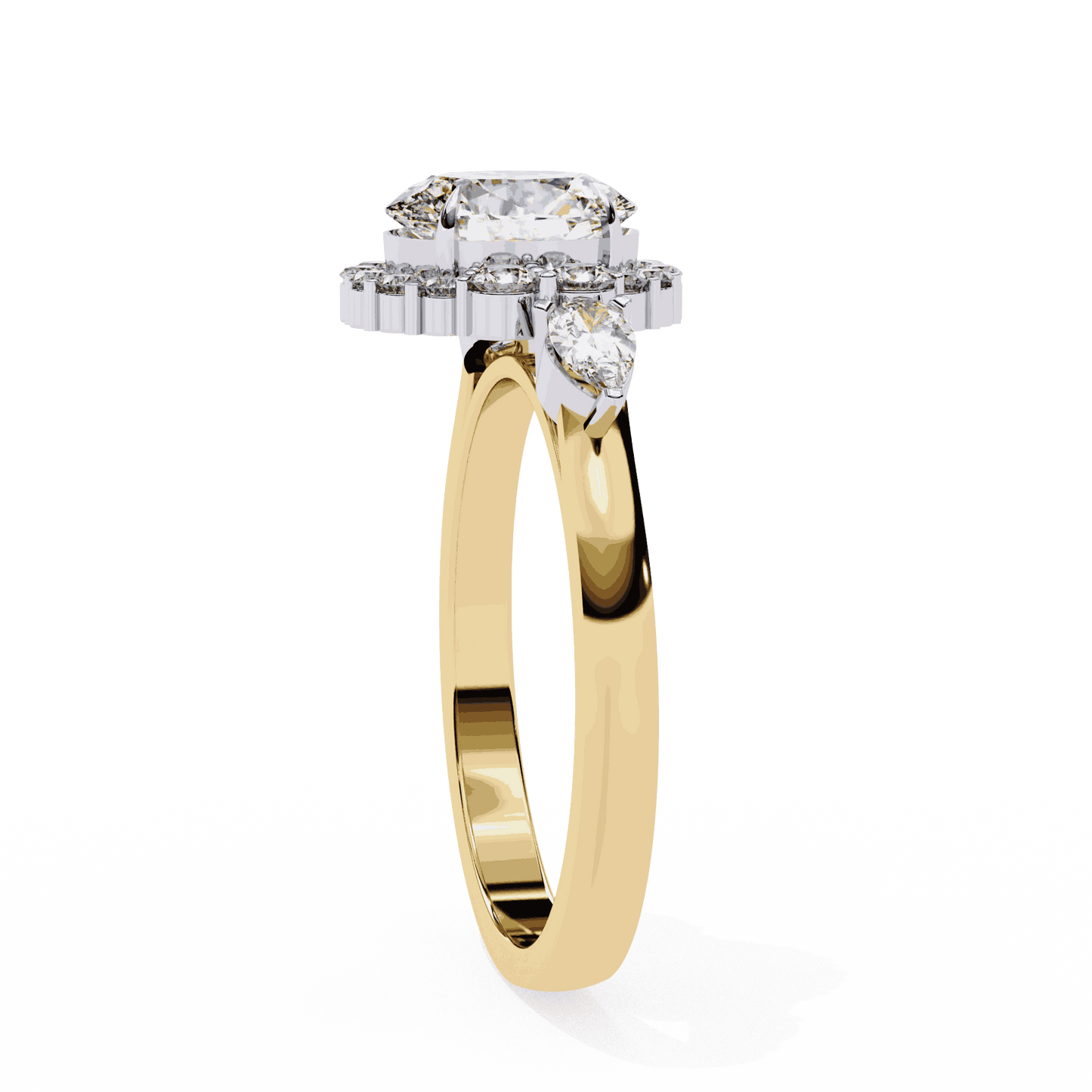 Oval Cut Lab Grown Diamond Halo Engagement Ring with Pear Side Stones and Cluster Shoulders