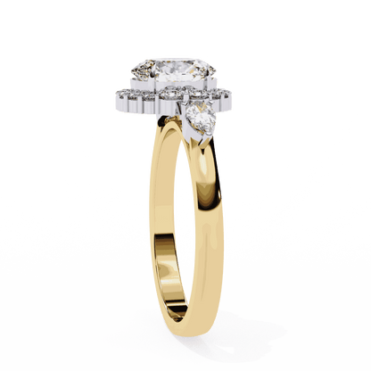Oval Cut Lab Grown Diamond Halo Engagement Ring with Pear Side Stones and Cluster Shoulders