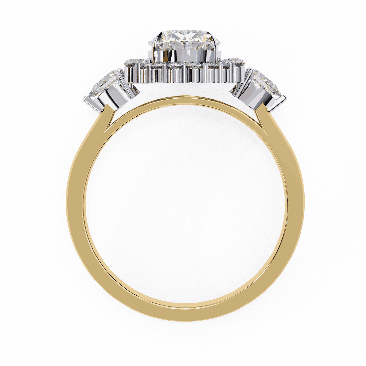 Oval Cut Lab Grown Diamond Halo Engagement Ring with Pear Side Stones and Cluster Shoulders