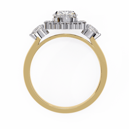 Oval Cut Lab Grown Diamond Halo Engagement Ring with Pear Side Stones and Cluster Shoulders