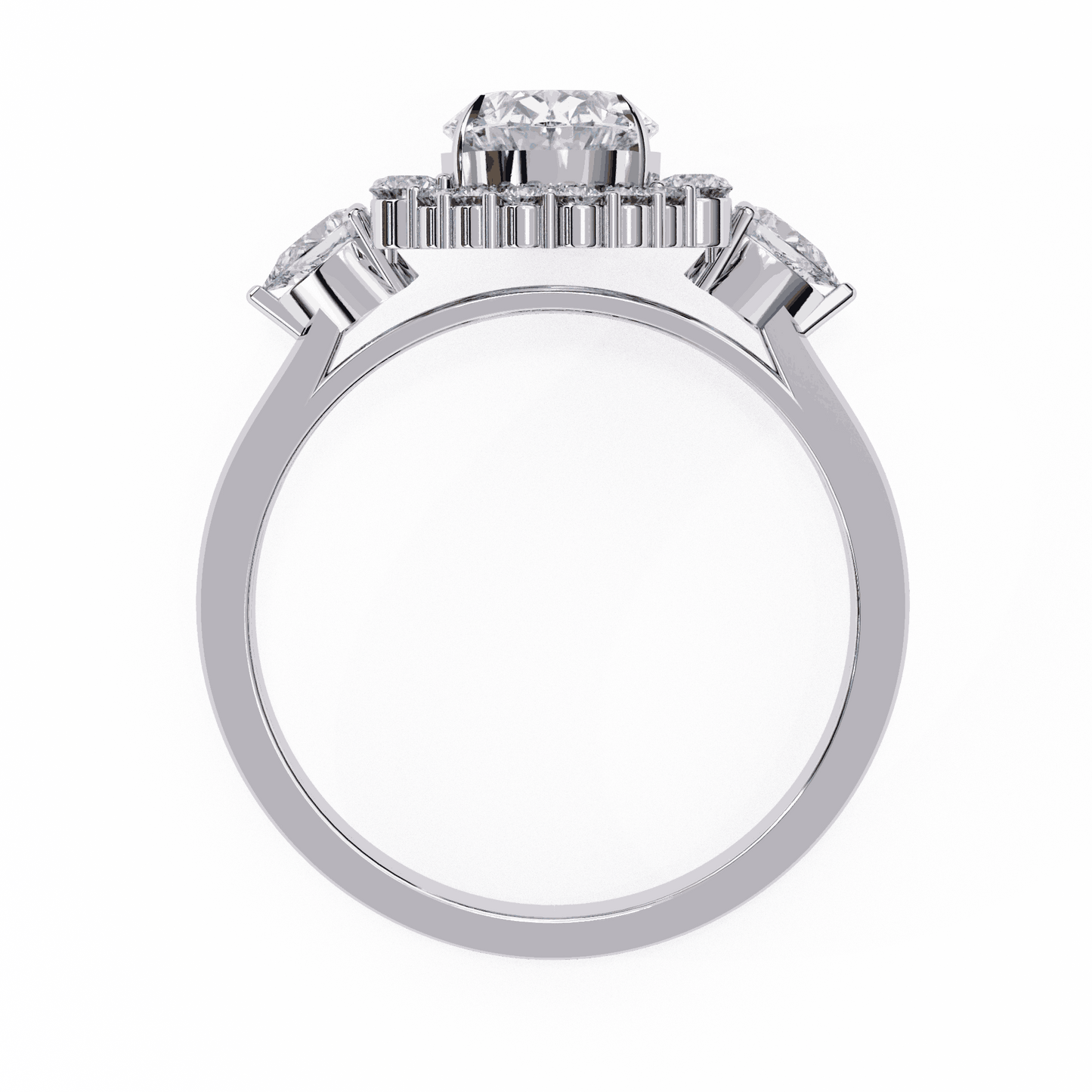 Oval Cut Lab Grown Diamond Halo Engagement Ring with Pear Side Stones and Cluster Shoulders