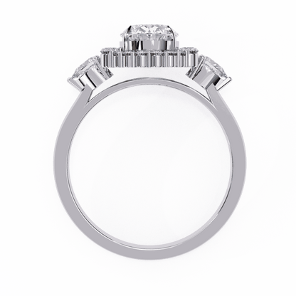 Oval Cut Lab Grown Diamond Halo Engagement Ring with Pear Side Stones and Cluster Shoulders